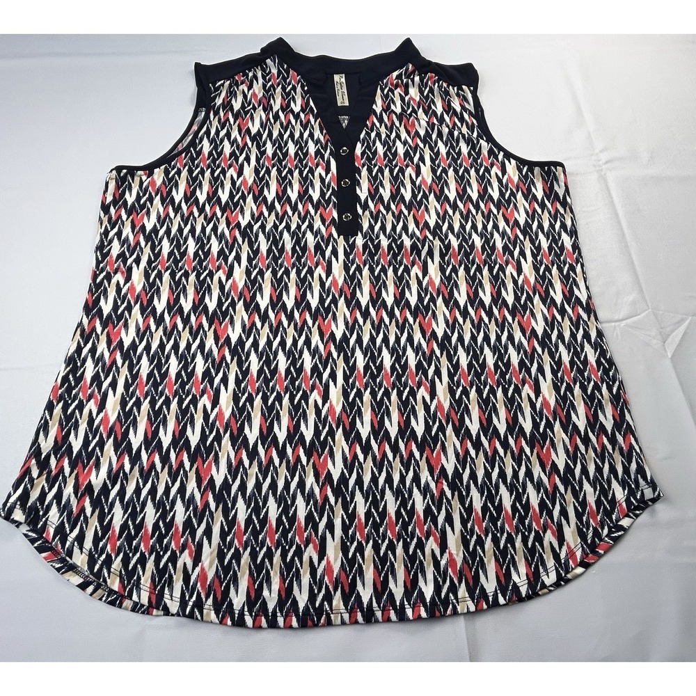 PerSeptian Women 3X Sleeveless Blouse Navy Red Ikat Boho Flowy Plus Size